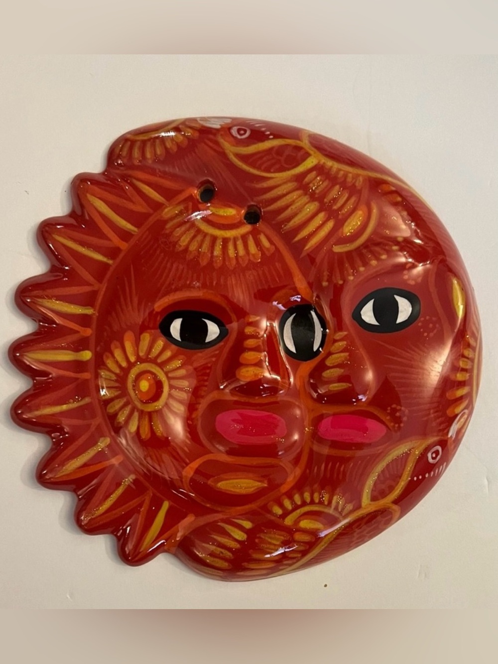 NWOT Mexican Folk Art Clay Sun Moon Eclipse Wall Decor 6.5"